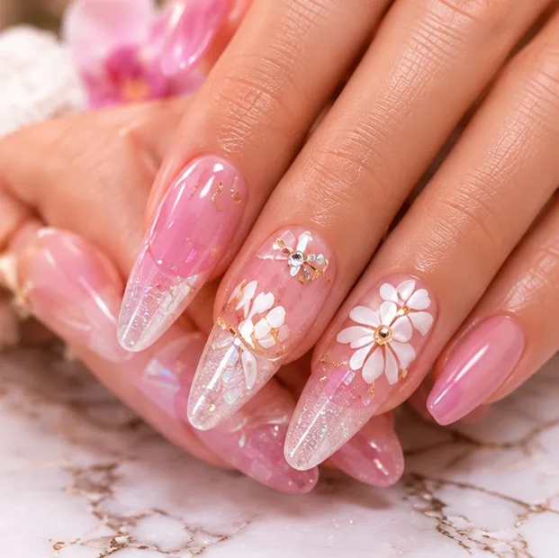 Clear pink acrylics with white flowers