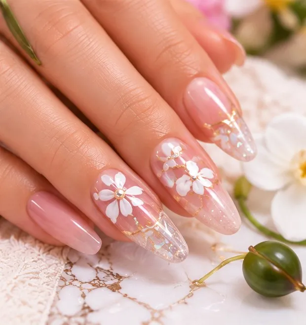 Ombre nails with white flowers