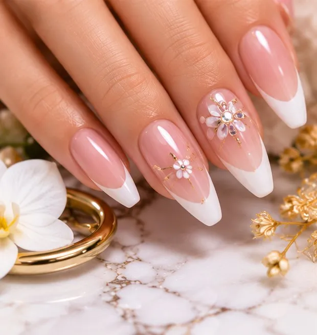 French nails with a rhinestone accent