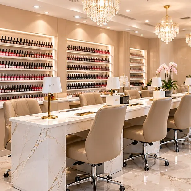 Manicure stations and polish wall